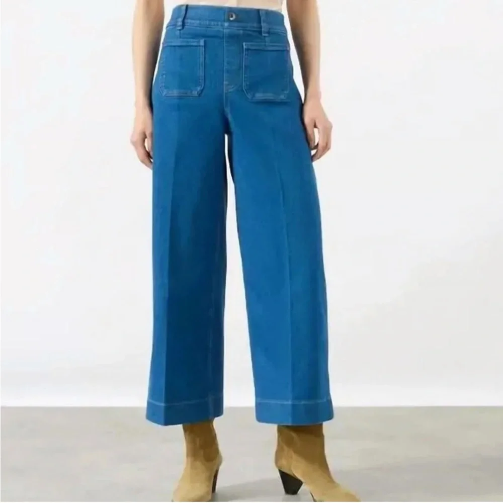 NWT SPANX Women’s Wide Leg Cropped Denim Jeans Small S Washed Blue - Picture 3 of 12